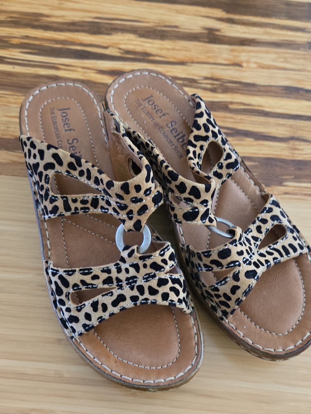 Josef Seibel Leopard Print Tan and Black Wedge Sandals